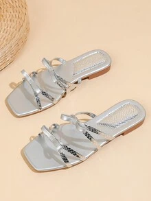 Women's Fashion Flat Sandals With Metallic Silver Bow Knot For Beach - Silver - View 1