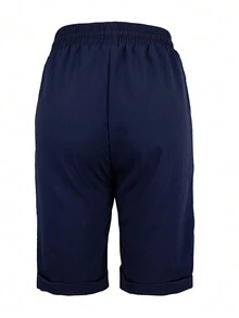 Solid Color Slant Pocket Drawstring Waist Casual 3/4 Shorts - Navy Blue - View 4