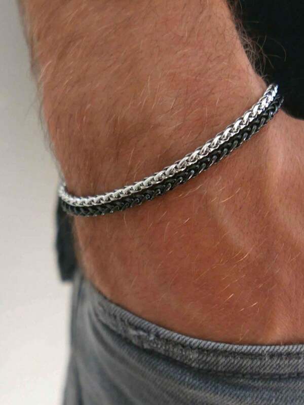 Herren Sport Armband, handgefertigtes Edelstahl Ketten-Armband in Zweifarbig, modischer mehrschichtiger Sportarmband-Stil wasserdicht in Schwarz und Silber, Edelstahl Schmuckgeschenk für Ihn