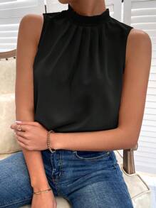 Breezaya Women's Pleated Sleeveless Shirt With Stand Collar And Frill Trim - Black - View 3