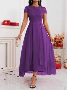 SHEIN Clasi Đầm Maxi Dài Cạp Cao Phối Ren Màu Trơn Cho Nữ - Màu tím - Xem 5