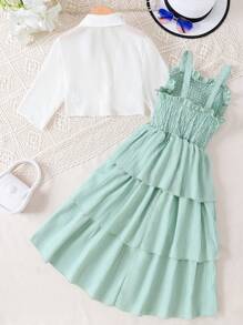 SHEIN Tween Girl Ruffle Hem & Button Detail Cami Dress And Shirt - Green - View 2