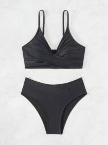 SHEIN Swim Set de bikini unicolor, playa de verano - Negro - Ver 6