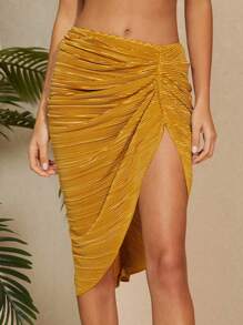 Hauture Women's Solid Colored Asymmetrical Hem Draped Skirt