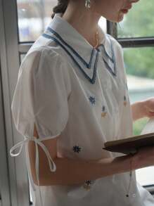 Simple Retro Simple Retro Women's Contrast Color Double-Layer Square Neck Embroidered Shirt Summer Tops Summer Clothes Women Commuter Office Interview French Elegance