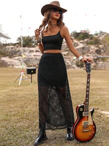 Breezaya Falda larga transparente de encaje unicolor, look de vacaciones en la playa para mujer - Negro - Ver 1