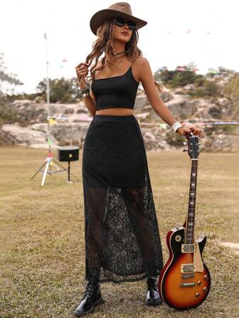 Breezaya Solid Color Lace Maxi Sheer Skirt Vacation Beach Outfits Women