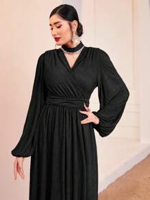 Modelyn Women's Arab Style Lantern Sleeve Dress With Keyhole Neck - Black - View 4