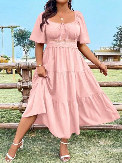 Flirla Plus Size Solid Color Short Sleeve Front Tie Ribbon Ruffle Hem Elegant Dress Maxi Women Outfit