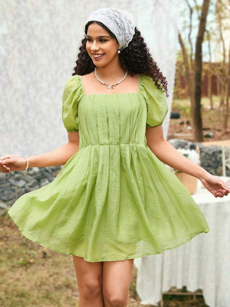 Solid Color Square Neck Bubble Sleeve Dress