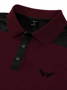 Manfinity Homme 男士拼色短袖 Polo 衫，男士服装，男士 Polo 衫，男士高尔夫球衫，男士酒红色上衣 - 酒紅色 - 查看 4