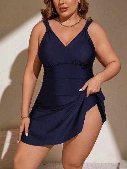 Swim Lushoire Summer Beach Plus Size Solid Color V-Neck One-Piece Swimsuit With Waist Cincher