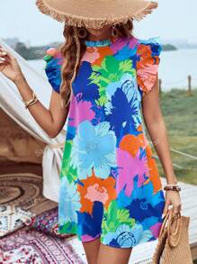 Princess Sleeve Ruffle Tropical Floral Dress With Pocket For Holiday & Casual