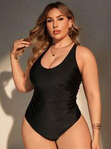 Swim Chiccia Plus Size Summer Beach One-Piece Swimsuit With Criss-Cross Back - Black - View 3