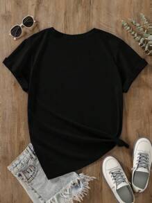 INAWLY Plus Size Solid Color Round Neck Short Sleeve Casual T-Shirt - Black - View 2