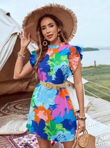 Princess Sleeve Ruffle Tropical Floral Dress With Pocket For Holiday & Casual