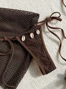 Swim Mod 夏季沙灘女性純色領後背心Bra＆泳裝底部＆沙灘遮陽裙比基尼套裝泳衣 - 巧克力棕 - 查看 4