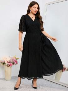 Modelyn Plus Size Solid Color Cutout Tie Wrap Dress Long Evening Dresses