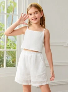 SHEIN Cô gái Tween Đan Màu thuần Lỏng lẻo Áo sơ mi & Đan Màu thuần Áo ba lỗ & Đan Lỏng lẻo Quần short 3pcs - trắng - Xem 3