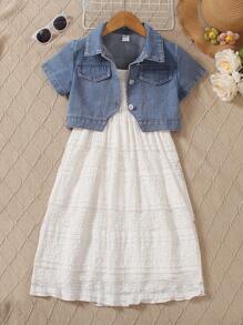 SHEIN Young Girl Solid Texture Strap Dress And Button-Front Denim Jacket