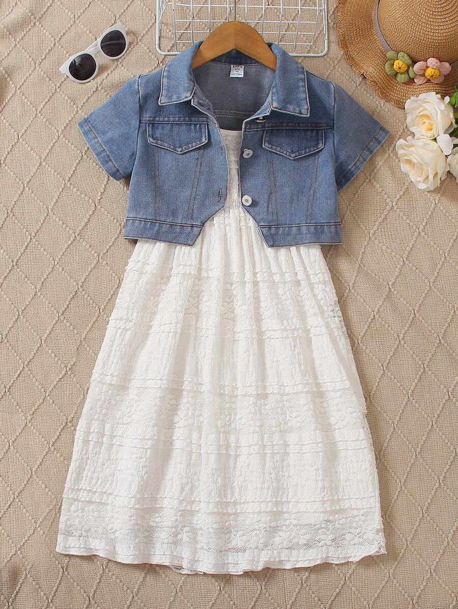 SHEIN Young Girl Solid Texture Strap Dress And Button-Front Denim Jacket
