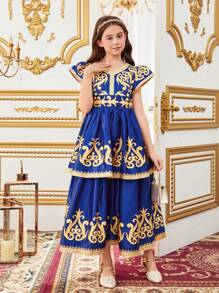 SHEIN Tween Girl Elegant V-Neck Cap Sleeve Dress For Vacation - Blue - View 4