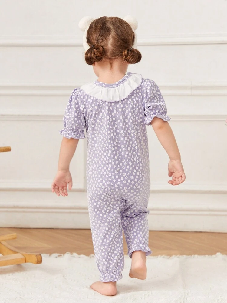 Baby Girl Cute And Elegant Knitting Jumpsuit With Lotus Leaf Collar And Bubble Short Sleeve, Home Wear