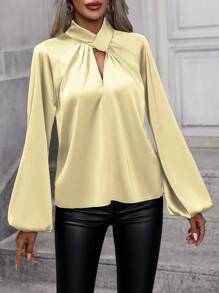 SHEIN Clasi 女士扭結領口鑲空洞燈籠袖上衣 - 黃色 - 查看 7