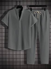Manfinity VCAY Men's Loose Fit Notch Collar Short Sleeve Top And Drawstring Waist Pants - Grey - View 1