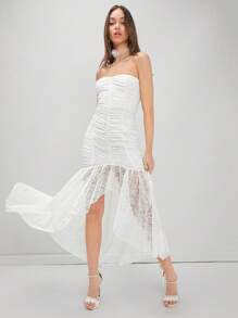 Enchnt فستان بدون حمالات مشدود بالجسم بلون صلب رومانسي من الدانتيل للسيدات - أبيض - مشاهدة 5