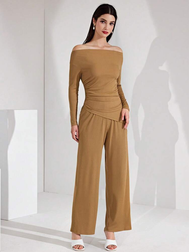 Women's Plain Off Shoulder Asymmetric Hem Top & Wide Leg Pants Two Pieces Set 2 Pieces Set