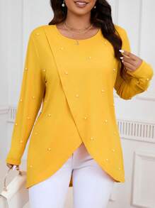 SHEIN Privé Plus Size Beaded Detail Wrap-Front Long Sleeve T-Shirt - Yellow - View 1