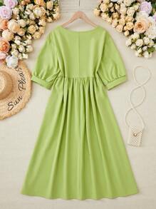 SHEIN LUNE Ladies' Solid Color Loose Fit Long Casual Dresses For Spring/Summer - Green - View 2