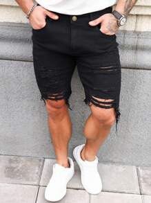 Manfinity LEGND Men Ripped Raw Hem Denim Shorts Jorts Vacation Plain Black Denim Shorts, For Husband, Boyfriend Gifts - Black - View 4