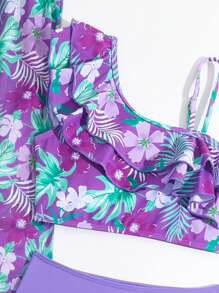 3 件套 Tween 女孩热带植物印花比基尼套装夏季游泳、沙滩比基尼上衣和裤子夏季海滩 - 紫色 - 查看 6