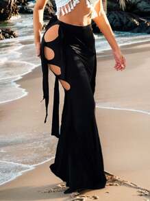 SHEIN SXY Holiday Spring Summer Seaside Vacation Style Clothing Side Seam Lace-Up Fishtail Long Skirt For Women - Black - View 1