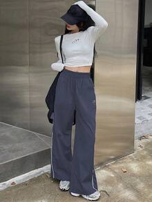 DAZY SHEIN X AYA NAKAMACHI Women's Colorblock Elastic Waist Wide Leg Pants With Rolled Hem - Dusty Blue - View 4