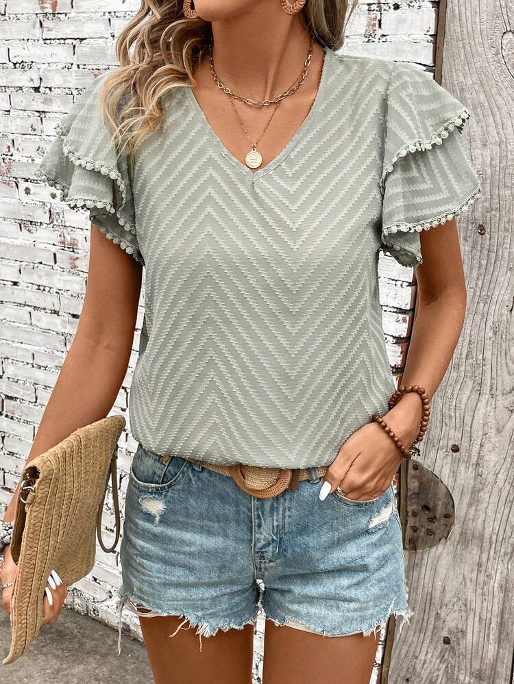 Floral Jacquard V-Neck Blouse With Ruffle Sleeves