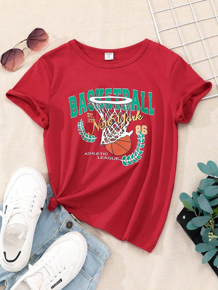 SHEIN Tween Girls' Slogan & Basketball Print Round Neck Short Sleeve T-Shirt - Red - View 1