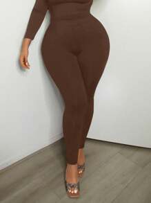 SHEIN SXY Kích thước lớn Của phụ nữ Gợi cảm Xu hướng: Cắt giảm Trở lại Co giãn Xà cạp - màu nâu - Xem 3