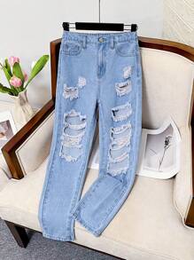 SHEIN Tween Girl Y2K Spring Summer Beach Washed Distressed Ripped Frayed Tapered Denim Jeans,Girls Summer Clothes Outfits - Light Wash - View 1