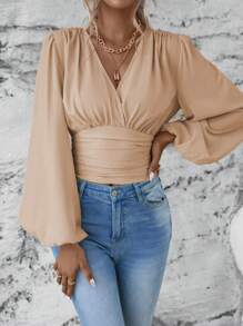SHEIN Clasi Bluzka damska z dekoltem w serek i rękawami w kształcie latarni, z zakładkami, w jednolitym kolorze, z długim rękawem - Kolor khaki - Zobacz 6