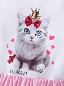 女婴猫咪印花连体衣、薄纱裙和一双袜子套装，春夏款 - 粉色 - 查看 3