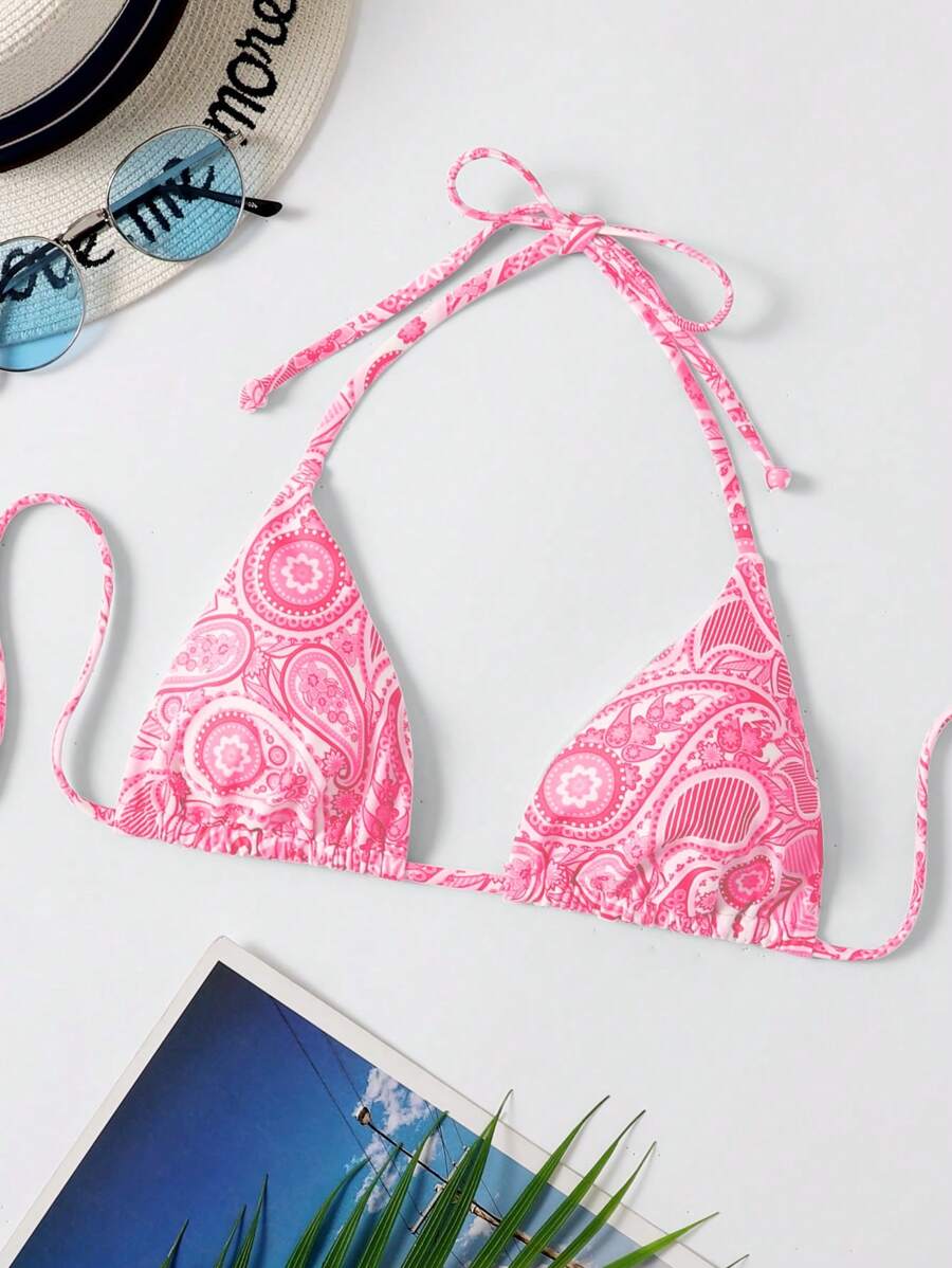 SHEIN Swim 女士泳裝比基尼頂部,帶派力紋和露背綁帶 - 彩色 - 查看 1