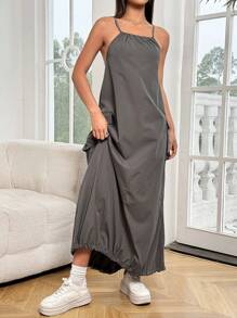 SHEIN Unity Women's Solid Color Cargo Pocketed Cami Dress Maxi Women Outfit - Grey - View 4