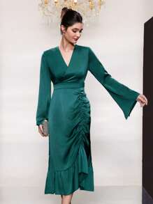 Modelyn Ladies' V-Neck Flared Sleeve Ruffle & Fish Tail Hem Dress Long Evening Dresses - Dark Green - View 5