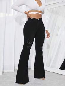 SHEIN SXY Ripped Raw Trim Flare Leg Jeans - Black - View 7