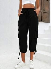 SHEIN LUNE Solid Color Elastic Waist Slant Pocket Jogger Capri Pants - Black - View 1