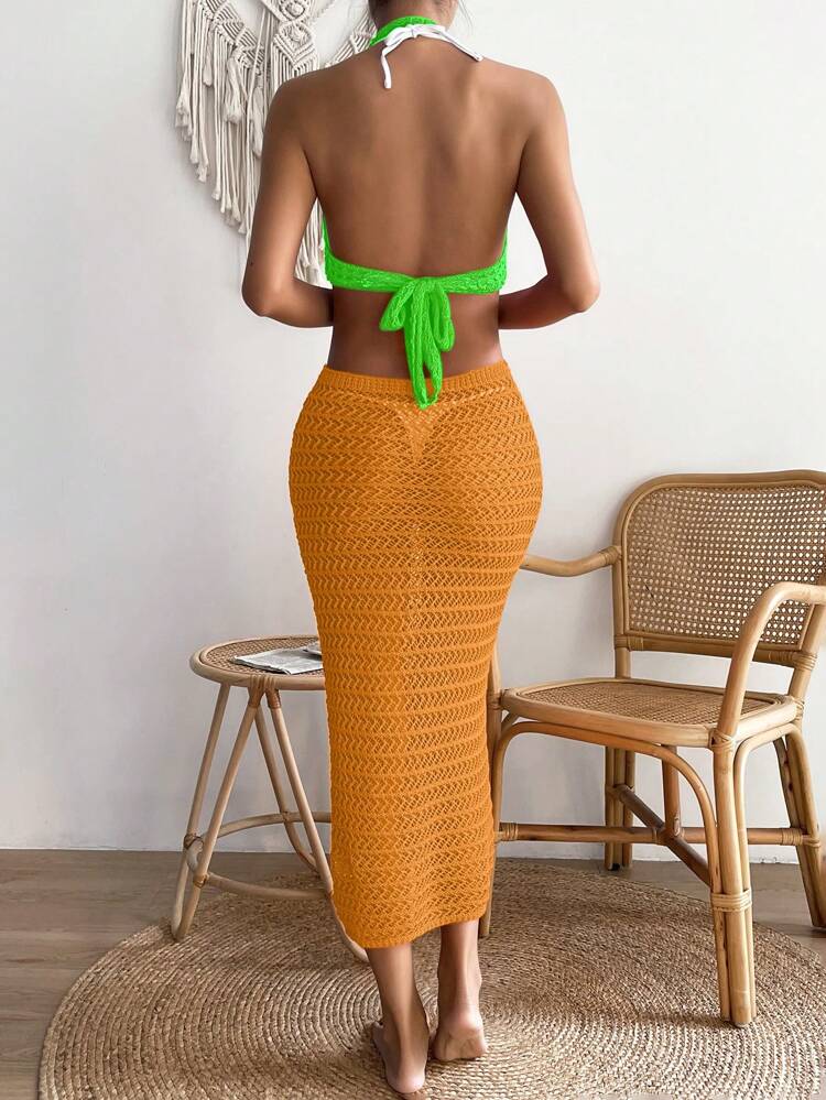 Women's Color Block Halter Neck Hollow Out Waist Fish Tail Cover Up Dress Summer