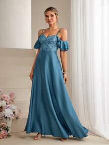 SHEIN Belle Embroidered Detail Off-The-Shoulder Neckline Bridesmaid Dress - Blue - View 5